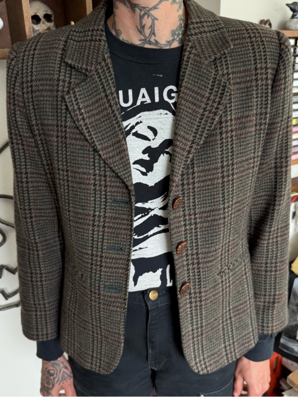 Vintage 90s 2000s Houndstooth Plaid Wool Blend Blazer ~ Size Small - Picture 2 of 9